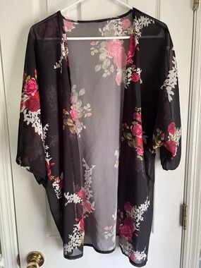 Floral Sheer Black Kimono Cardigan with Pink Rose Print